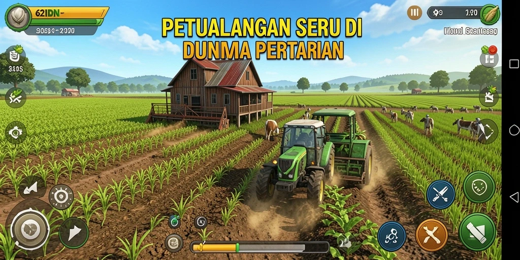 Tampilan gameplay 62IDN dengan lahan pertanian yang subur dan tanaman yang beraneka ragam.