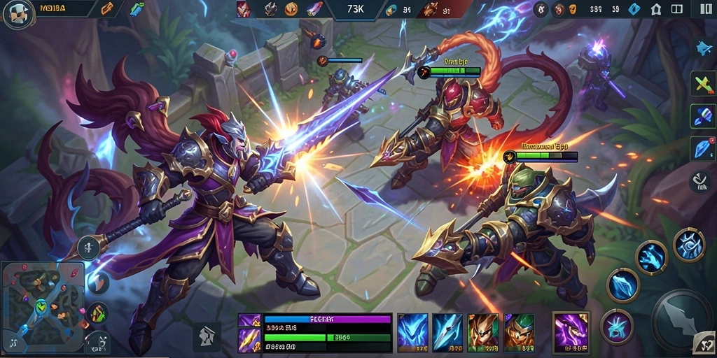 Screenshot gameplay <strong>73K</strong> menunjukkan pertempuran seru antar hero.