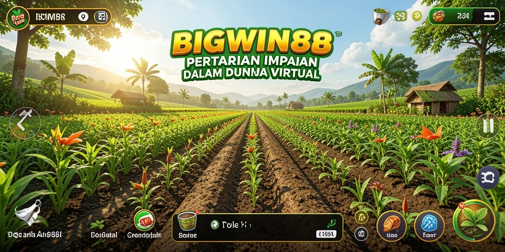 Tangkapan layar gameplay <strong>BIGWIN88</strong> menampilkan kebun yang subur dan penuh aktivitas bertani.