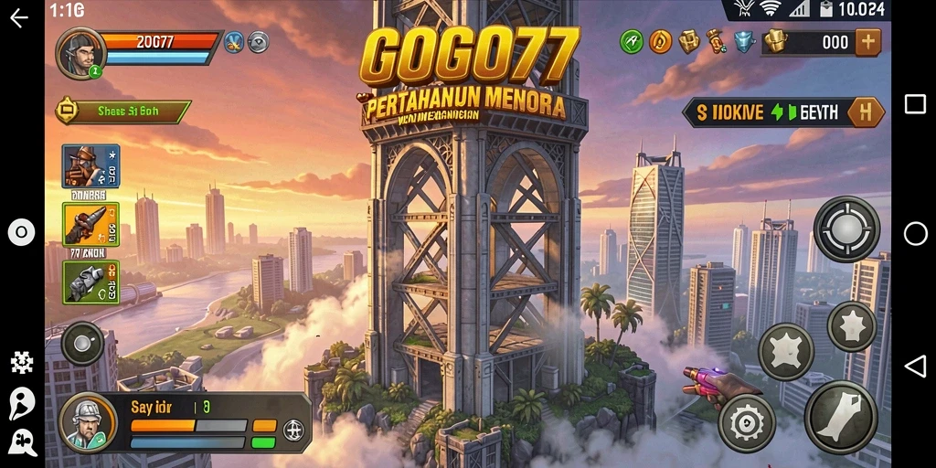 Tampilan gameplay GOGO77 yang menampilkan pertahanan menara yang strategis.