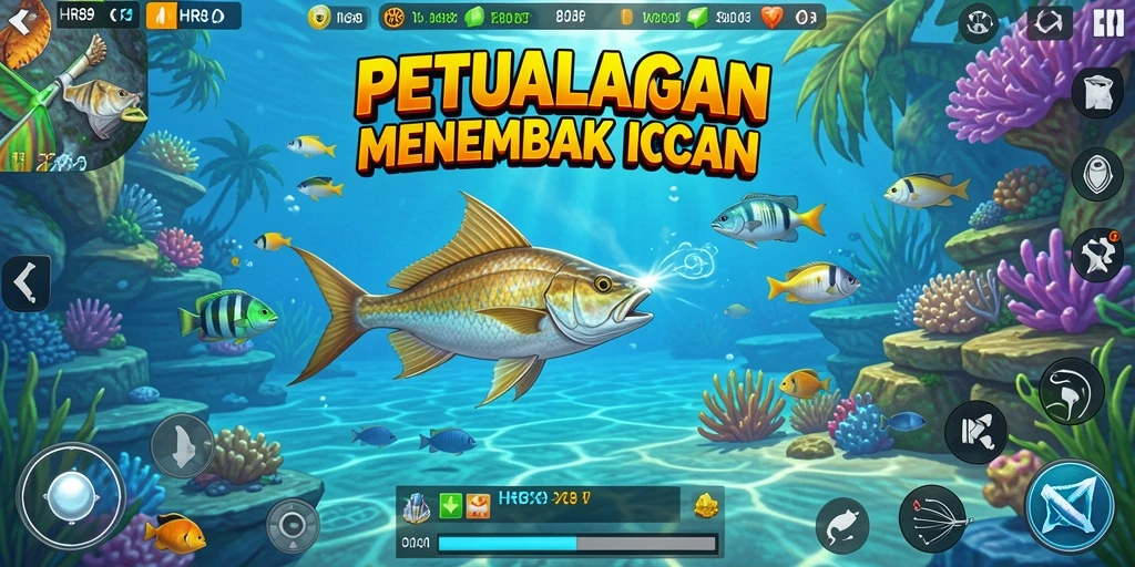 Screenshot menampilkan aksi menembak ikan yang seru di HR89.