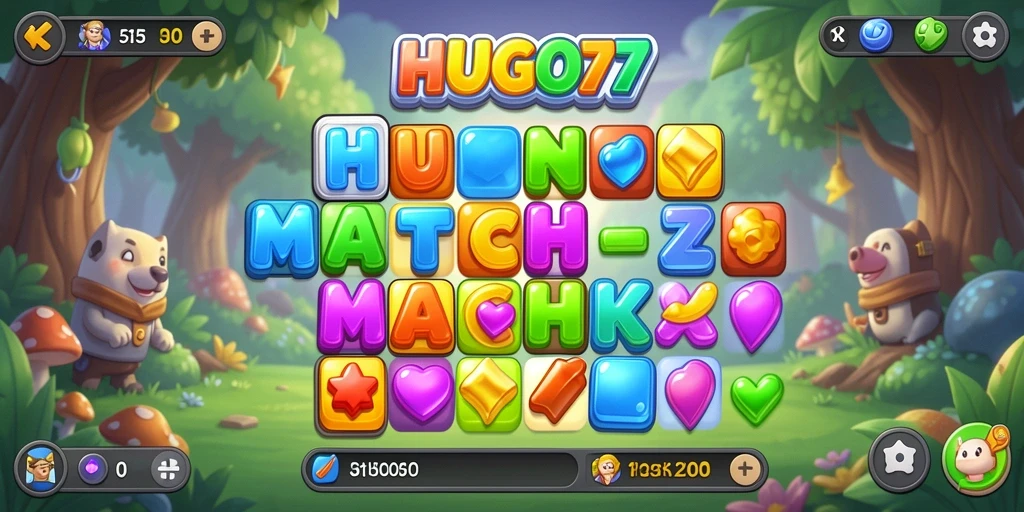Tangkapan layar gameplay HUGO77 menampilkan momen mencocokkan permata yang seru.