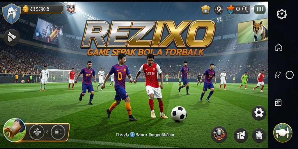 Tampilan gameplay seru dalam REZIXO yang menampilkan aksi sepak bola.