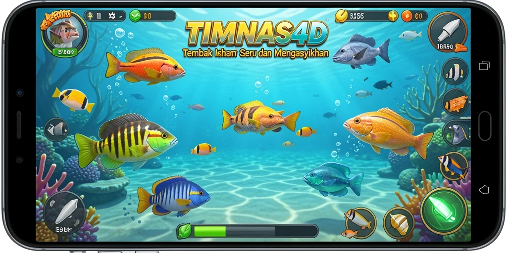 Tampilan gameplay TIMNAS4D yang penuh warna saat menembak ikan.